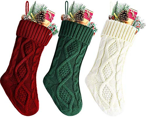 Meiwash Weihnachtssocken Deko Weihnachten Strumpf Weihnachtssocke Kabel Gestrickt Strumpf Burgund Stricken Größe Personalisiert Weihnachtsstrümpfe Geschenk Dekorationen (46cm, Rot+Grün+Weiß)