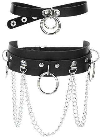 Beautyflier Damen 2 Stücke PU Leder Choker Halskette Verstellbar Mode Cool Gothic Choker Vintage Gothic Punk Rock Niet Halskette (Schwarz)