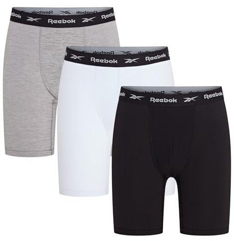 Reebok Men’s Sports Trunks, Breathable Medium Length Pants with Stretch Waistband – Pack of 3 in Black,White,Grey Marl