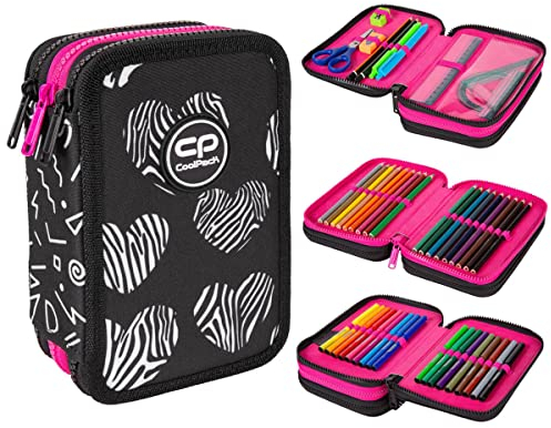 CoolPack XXL Federtasche, federmäppchen Junge, Federmappe Federmäppchen groß 44-teilig mit Aufnäher gefüllte Schüleretui 3-stöckig Motiv: Math Hearts, Herz
