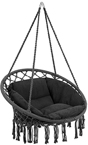 Bakaji Hängesessel für den Außenbereich, Garten, aus Baumwollseil, Schaukelstuhl, Hängematte, Terrasse, Camping, mit rundem Gestell aus Stahl, gepolsterte Sitzfläche, modernes Design (grau)