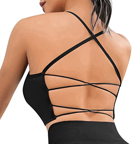 Vertvie Damen Sport BH Gepolstert Crossback Yoga Sports Bra Spaghettiträger Rücken Verkreuzt Gerippt Bustier Ohne Bügel Atmungsaktiv BH mit Abnehmbaren Cups(1pc: Schwarz,M)