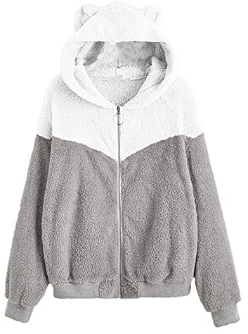 IQYU Kawaii huvtröja bägar: teddy fleecejacka med öron dam huvtröja flickor långärmad fluffig tröja casual tröjor söta huvtröjor plysch huvjacka höst vinter varm jacka herr, Z-vit, XXL