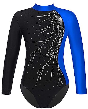 ranrann Gymnastiktrikå för barn, flickor, strass, långärmad, gymnastik, dans, skridskoåkning, showdräkt, 5–16 år, Mörkblå, 11-12 �r