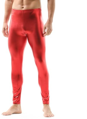 QiaTi Herr konstläder tajta byxor herr leggings långa byxor PU skinny smala byxor konstläderbyxor herr klubb dans, röd, L