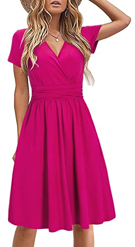 STYLEWORD Robe d'été à Manches Courtes pour Femme Robe d'été à col en V Floral Wrap Taille Robe décontractée avec Poches