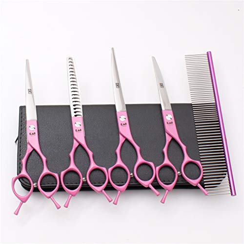 Fellschere für Haustiere, Scheren-Set, Haustiere (7,0 Zoll), Edelstahl (440C), Klinge, Fellschere für Hunde, gerade Schere, Effilierschere, gebogene Schere, Kamm, Fellpflege für Katzen und Hunde (Rosa