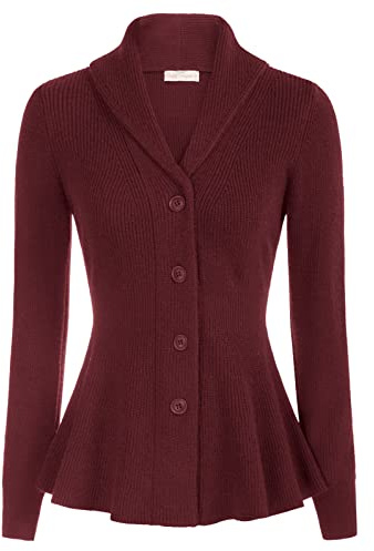 Belle Poque Women Button-up Cardigan Elegant V Neck Long Sleeves Peplum Knit Cardigan Wine L