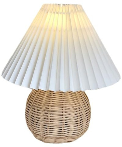 Natudeco Rattan-Tischlampe, Vintage Nachttischleuchte, kleine Nachttischlampe mit plissiertem Lampenschirm für Wohnzimmer, Schlafzimmer, Schreibtisch