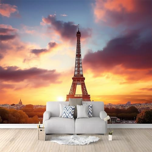 Papier Peint de Photo Paris Coucher De Soleil Sur La Tour Eiffel 300x210 cm Papier Peint Murale intissé Panoramique, Papier Peint Personnalisé Pour Garçon Fille Ado Chambre Salon Décor