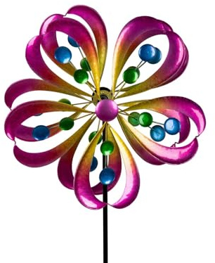 formano Buntes Windrad Blume Garten Metall Windspiel Windmühle 128 cm Gartendeko Blumenstecker Taubenabwehr Vogelabwehr Acryl-Steine Gartenfigur Dekoration Außen Windspiel Metall-Blume