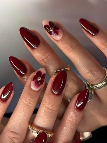 MouyouGlow Press on Nails Kurz,Almond Dunkel Rot Burgundy Glossy Blumen Floral Golden Beads Fake Nails mit Nagelkleber,Dark Wine Red Flowers Künstliche Fingernägel