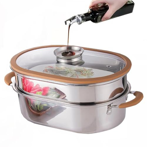 2-stufiger gedämpfter Fischtopf aus Edelstahl, großer ovaler Suppentopf for den Haushalt mit Glasdeckel, for Dämpfen von Gemüsesuppen