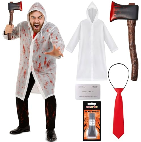 Costume psycho pour homme 5 pièces pour homme – Manteau de pluie transparent, faux sang, fausse hache, cravate rouge et carte de visite – Tenue de tueur en série de film psycho américain – Déguisement
