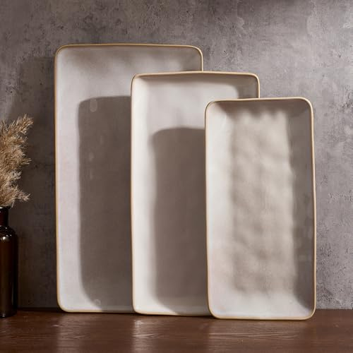 Richmount Ocean Serving Platter, Rectangular 15.59/14.3/12.9 inch Serving Dishes for Entertaining, Serving Bowls, Microwave Safe, Stoneware Serving Trays for Party, Turkey, Cheese, Cappuccino White | Reaction Glaze Serving Platter Serving Tray for Sushi, Appetizers, Cakes, Great for Parties and Family Gatherings