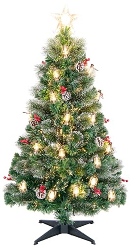 RELAX4LIFE Albero di Natale Innevato 150/180cm con 49/64 Luci Incorporate e Fibre Ottiche, 8 Modalità di Illuminazione, Bacche Rosse e Pigne, Stelle Brillante, Decorazione Natalizia (150cm)