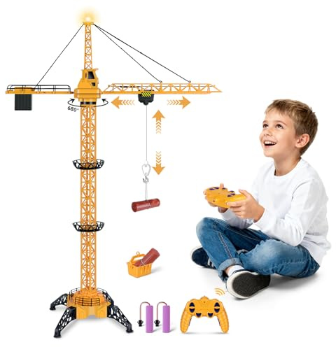 Charmofun Ferngesteuerte Turmkran, 128 cm hohe 2,4 Hz Turmdrehkran, 6 Kanäle Tower Crane Elektrisch, RC Baukran mit Hebehaken, Turmdrehkran Kanäle Lichtern für Kinder (Ferngesteuerte Turmkran Set)