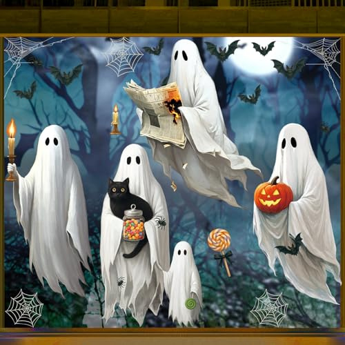 AhfuLife Groß Halloween Fensterbilder Deko, 90 x 43cm, 4 Blätter Halloween Aufkleber Fensterbilder mit Geister, Kürbis, Fledermaus, Katze für Indoor Kinder Fensterdeko Party Deko
