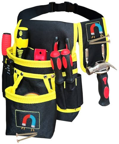 Sneulletoys Tool Belts Pouch for Men，Heavy Duty Tool Pouch Belt with 13 Pockets and a Hammer Holder,Detachable Adjustable Magnetic Professional Work Tool Belt for Electricians,Carpenters,Builders