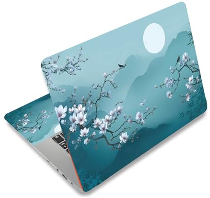 PLIGREAT Laptop Aufkleber Mit Blumen Und Vogelmuster Passend Für 12 13 13.3 14 und 15 Zoll Laptops Universell Wasserfest Abnehmbar Notebook Schutzfolie Blühende Zweige In Einer Mondhellen Nacht