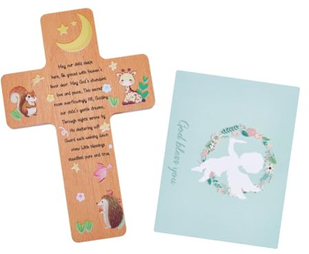 DICOSMETIC Croce da parete in legno per bambini, 2 pezzi, 16,9 x 11 cm, con croce e motivo angelo, biglietto di benedizione per asilo nido, baby shower, battesimo, marrone sabbia