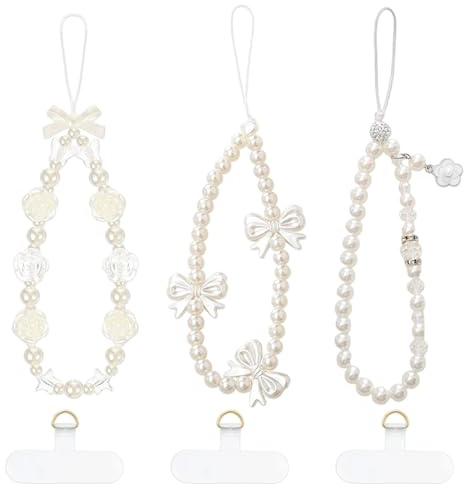 MNYXIS Lot de 3 Dragonnes de Téléphone en Perles et 3 Patchs pour Lanière Téléphone, Bijoux et Chaîne pour Portable, Phone Charm Strap, Chaine Telephone Portable, pour Femmes et Filles
