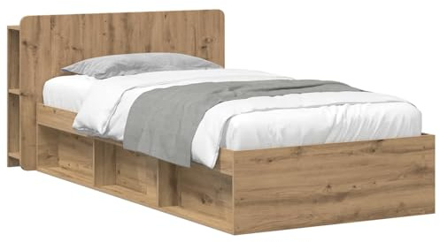 Mhdvray Bettgestell mit Stauraum und Kopfteil Artisan-Eiche 90 x 200 cm Modernes Design Robuste Holzwerkstoff-Konstruktion Großzügiger Schrank für Einzelzimmer Jugendzimmer und Gästezimmer