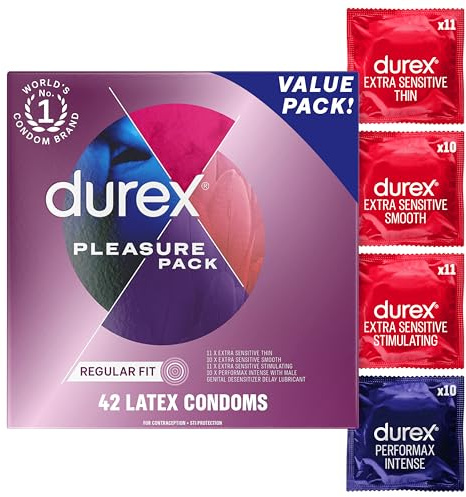 Durex Pleasure Pack Assorted Thin Condoms, Exciting Mix of Sensation and Stimulation, Lubricated Natural Rubber Latex Condoms for Men, 42 Count