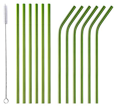 Reusable Metal Straws Stainless Steel Drinking Straws (Green Straws, 12pcs)