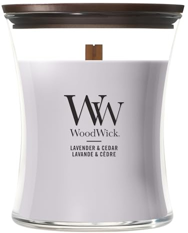WoodWick Mittelgroße Duftkerze im Sanduhrglas mit knisterndem Docht | Lavender & Cedar | Brenndauer bis zu 60 Stunden