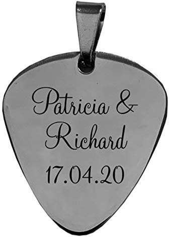Plektrum Edelstahl silberfarben Anhänger graviert, Plektron mit Wunschtext Name personalisiert, Gravur Plektren Gitarren Pick Lasergravur Personalisieren für Kette oder für Schlüsselanhänger