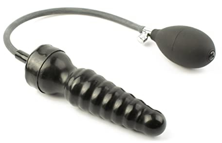 Rubberfashion Latex Analplug aufblasbar, aufblasbarer Mini gerippter Anal Butt Plug mit Pumpe für Frauen und Männer 15 x 4 cm schwarz fester Kern
