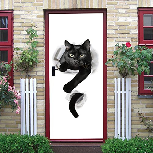 KGLGCY DIY Türposter Schwarze Katze aus der Wand Türtapete Selbstklebend Türposter Fototapete PVC 3D Türaufkleber Diy Türbild 95 X 215 cm Wohnzimmer Schlafzimmer Bad Door Decals
