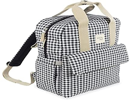 Walking Mum. Bolso Mochila I Love Vichy. Bolsa pañalera para silla de paseo. Diseño versátil con asas cortas y correas para llevar en los hombros. Color Negro. Medidas 37X28X12 cm.