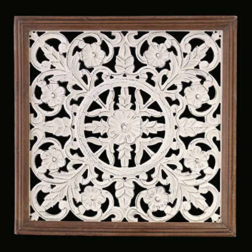 Gall&Zick Wandornament aus Holz, Wanddeko handgeschnitzt im Shabby Chic Look, 60cm x 60cm, Wandbild zum hängen, orientalisch, Wandpaneele holz Mandala (CL-3012)