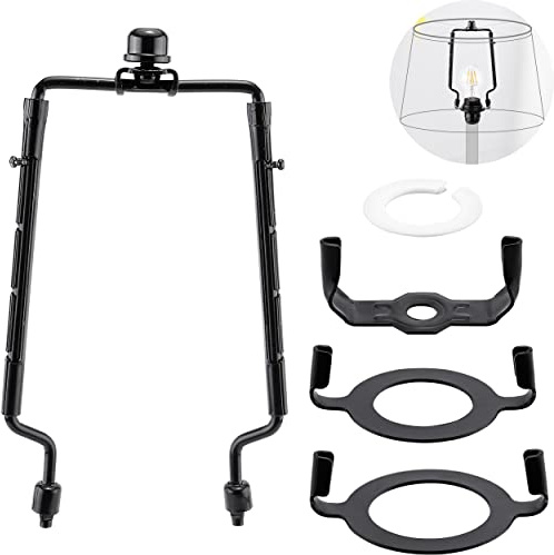 Mornajina 7 8 9 10 inch Lamp Shade Harp Holder, Adjustable Lamp Harps and Finals, Fit both Standard Lamp Rod and E26 E27 Light Base UNO Fitter Adapter Converter Finial Set (Black)