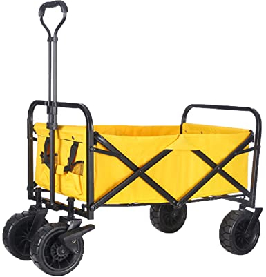 Bollerwagen Faltbar Tragbar mit Abdeckung, Zusammenklappbarer Bollerwagen für den Garten für den Außenbereich, Klappbar Transportkarre Handwagen für Camping Einkaufen Sport, bis 120KG Tragkraft,Gelb