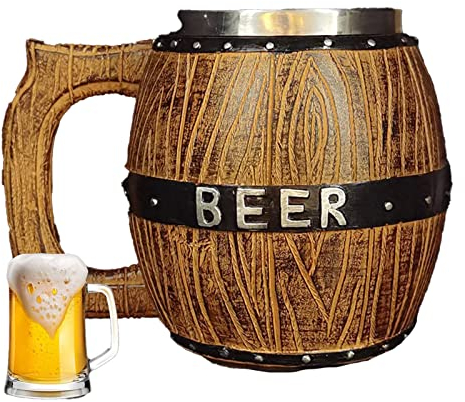 FIYSON 450/550 ML Chope à Bière en Bois, Tasse Bière en Bois Naturel Rétro Grande Capacité, Tonneaux en Bois en Acier Inoxydable Cadeaux de Bière Idées de Cadeau Accessoires pour Hommes (550ml)