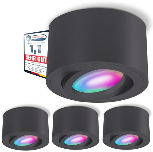 SSC-LUXon 4 Stück CELI-1N Aufbauspots flach schwenkbar kompatibel mit Alexa, Siri & Google - Deckenspot mit Smart RGB+W LED Lampe