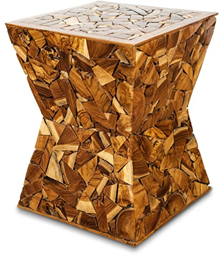 livasia Teakholz-Hocker mit Scherbenmuster, Blumensäule aus Indonesien, Podest, balinesische Handarbeit, 38x38x50cm (Braun)