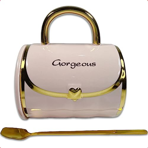 SISETOP Handbag Shaped Coffee Mug, Cute Purse Coffee Cups, 13.5 OZ Large Latte Mugs with lids and Spoon, Porcelain Tea Mug for Mom, Sisters, Colleague, Thanksgiving, Anniversary, Housewarming, Pink
