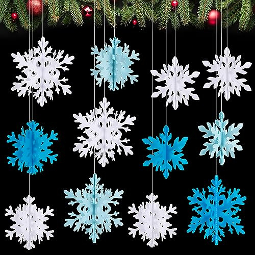 Becellen 12 Pezzi Tridimensionale Fiocchi di Neve Natalizie, Bianco Decorazioni Albero di Natale Blu Inverno Appendere Addobbi per Feste