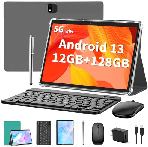 QDDQ Tablette Android avec clavier, tablette Android 14, 12 (6 + 6) Go + 128 Go, 1 To d'extension, 2 en 1, souris, stylet, batterie 8000 mAh, WiFi 2,4 G/5 G, GPS, étui vert