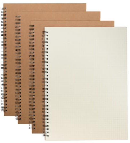 MAHIONG 4 Pack A4 Grid Notebook, Spiral Binding Graph Paper Notepads with Kraft Paper Cover, 5mm Squared Grid Notebook for Home Office School Travel, 100 Sheets/200 Pages
