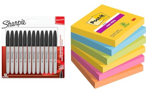SHARPIE Permanent Marker | Marker Stifte mit feiner Spitze & Post-it Super Sticky Notes Carnival Collection, Packung mit 6 Blöcken
