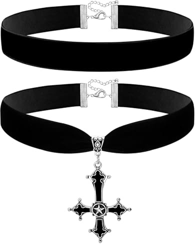 JewelryWe Collier Ras de Cou Femme: Lot de 2 Colliers Pendentif Croix Inversée Velours Dentelle Choker Gothique Punk Noir Fantaisie - Cadeau d'Anniversaire ou de la Saint-Valentin