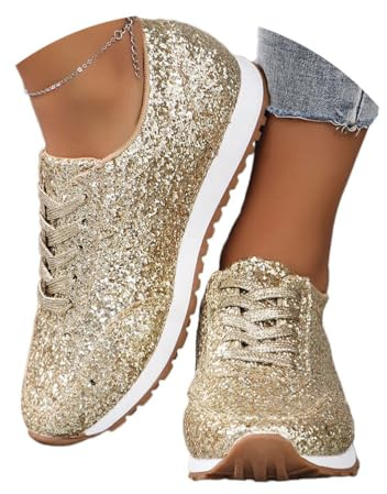 shownicer Pailletten Sneaker Damen Flache Low Glitzer Schuhe Bequeme Atmungsaktiv Schnürer Sportschuhe Turnschuhe Outdoor Laufschuhe A Gold 39 EU