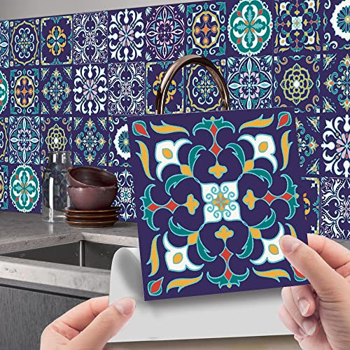 Tile Stickers Navy Blue Mandala Stick On Tiles PVC Bathroom Decor Waterproof Bathroom Tile Stickers,DIY Peel and Stick Tiles Kitchen Transfers Covers for Kitchen Bathroom24 PC(20x20cm)