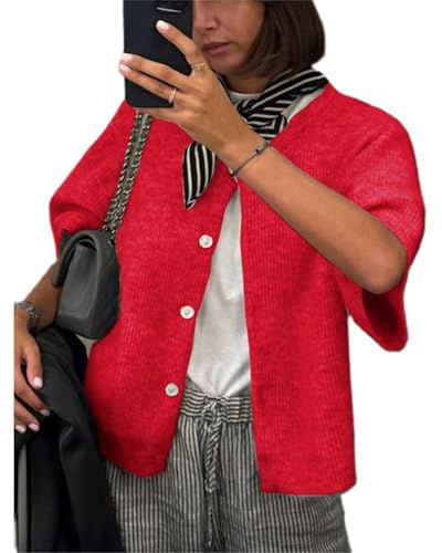Felcia Women's Knitted Crop Cardigan Shirt Short Sleeve Sweater Round Neck Ribbed Button Down Sweater Y2k Preppy Fall Outfits (A-Red, XL)