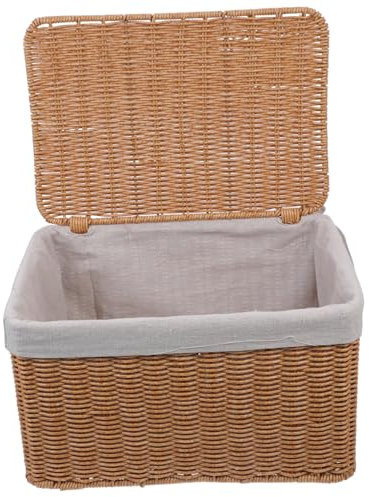 OFFSCH Cestino Portaoggetti Con Coperchio Rettangolare in Vimini Intrecciato a Mano, Organizer Con Doppie Maniglie Per Casa, Cucina e Cameretta, Contenitore Decorativo Multifunzione 32x22x18 Cm